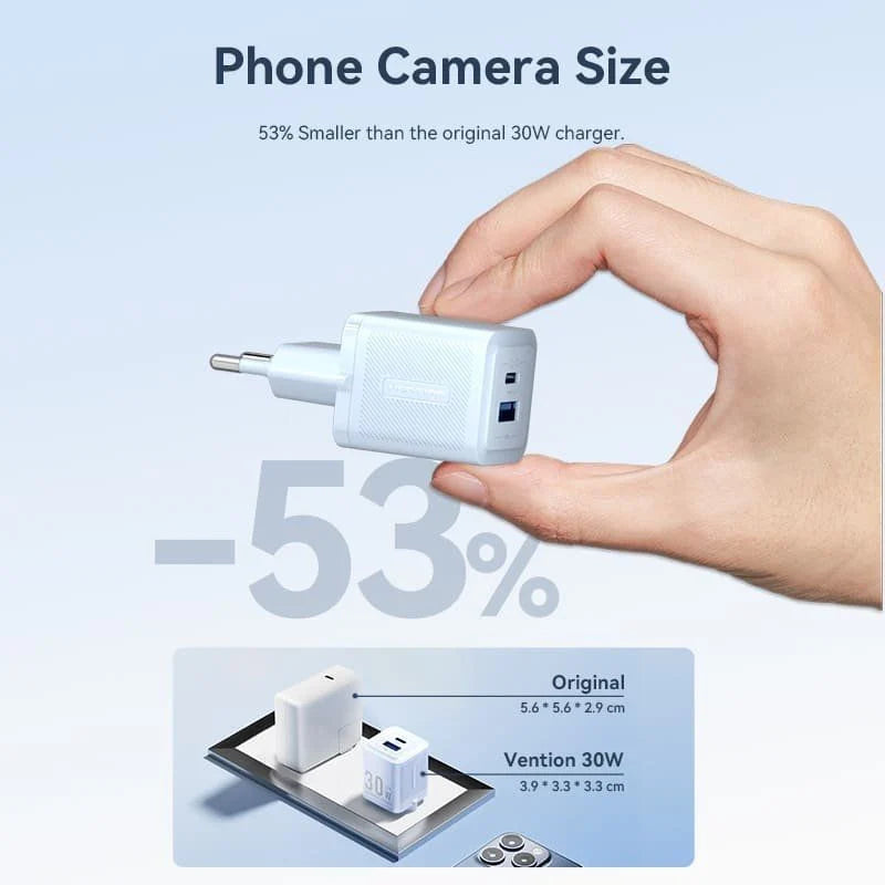 Cargador GaN 30W Vention USB-C + USB-A – Carga Rápida PD