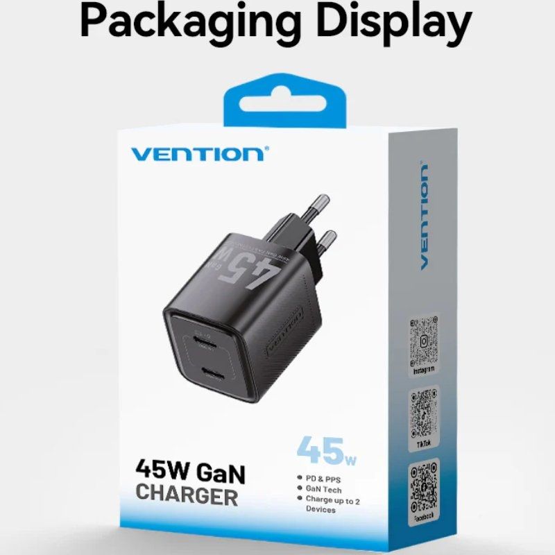 Cargador GaN 45W Vention 2x USB-C – Carga Rápida PD
