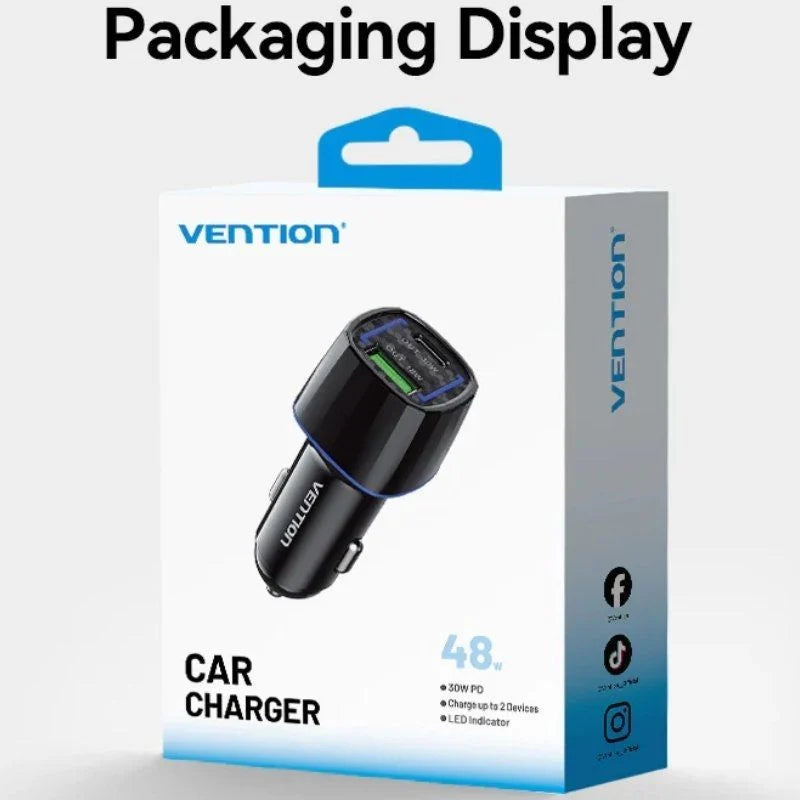 Cargador de Coche Vention 48W USB-C + USB-A – Carga Rápida 30W + 18W