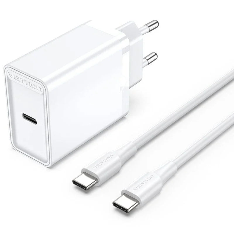 Cargador USB-C 25W Vention con 2 Cables USB-C (1,5 m) – Enchufe UE