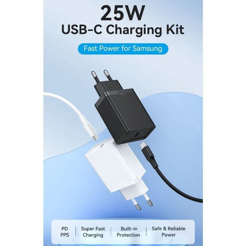 Cargador USB-C 25W Vention con 2 Cables USB-C (1,5 m) – Enchufe UE