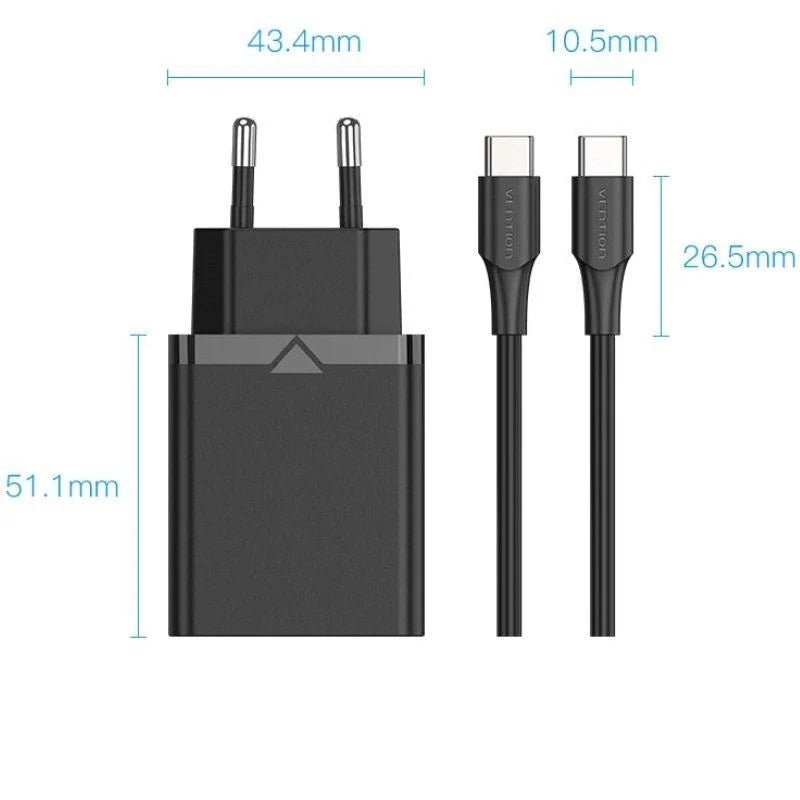 Cargador USB-C 25W Vention con 2 Cables USB-C (1,5 m) – Enchufe UE