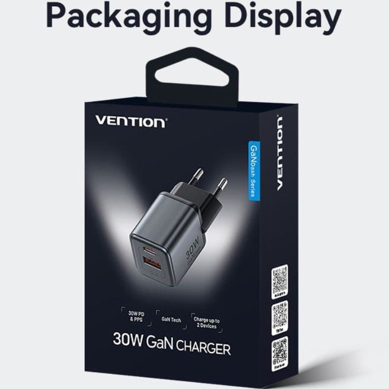 Cargador GaN 30W Vention USB-C + USB-A (30W/18W) – Enchufe UE