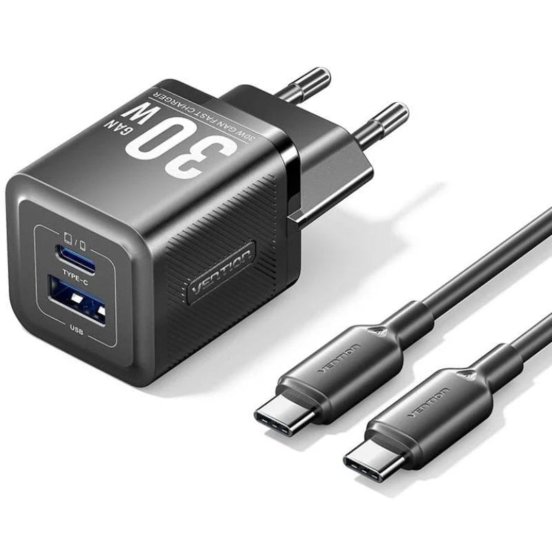 Cargador GaN 30W Vention USB-C + USB-A con Cable – Carga Rápida