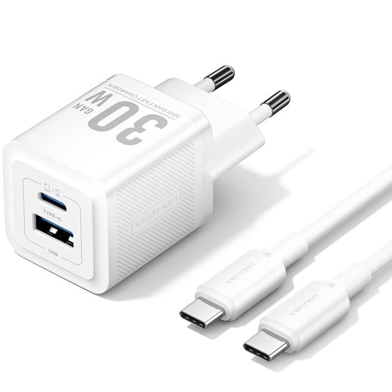 Cargador GaN 30W Vention USB-C + USB-A con Cable – Carga Rápida