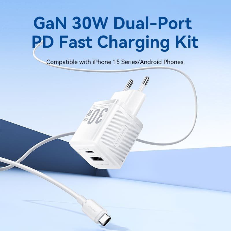 Cargador GaN 30W Vention USB-C + USB-A con Cable – Carga Rápida