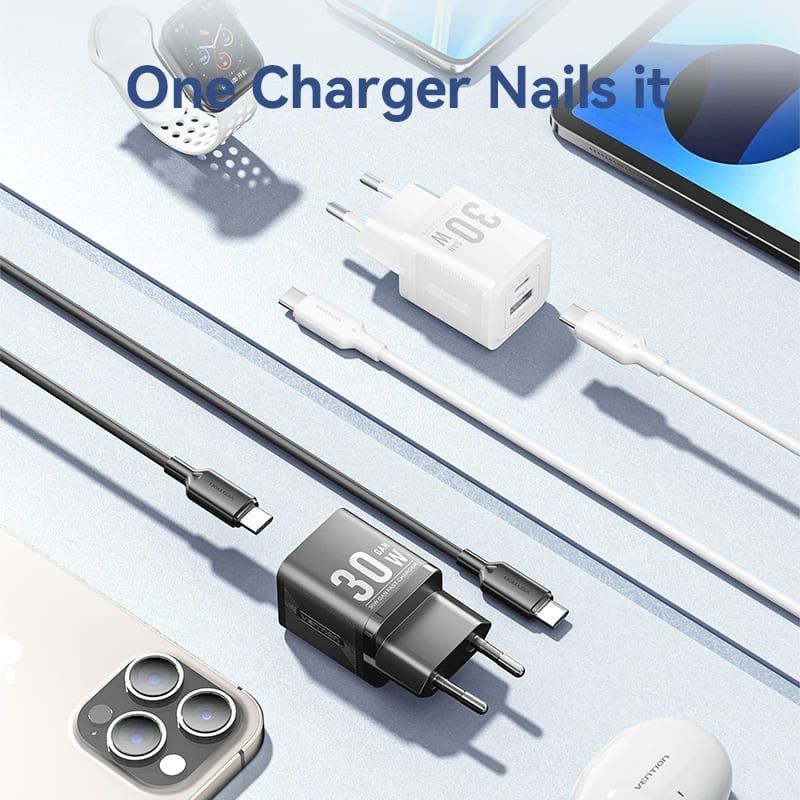 Cargador GaN 30W Vention USB-C + USB-A con Cable – Carga Rápida