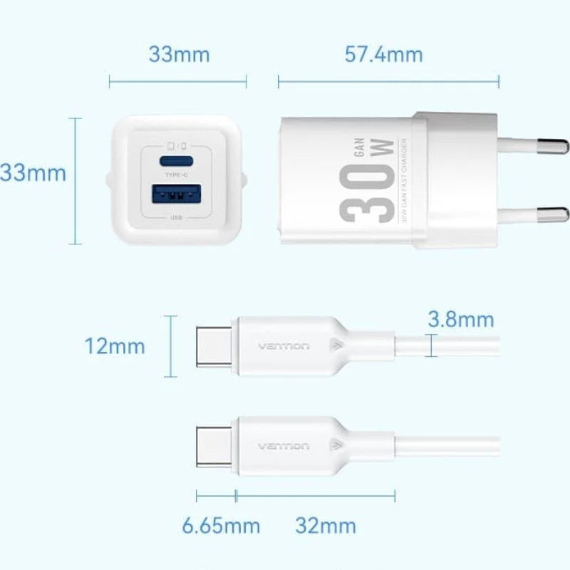 Cargador GaN 30W Vention USB-C + USB-A con Cable – Carga Rápida